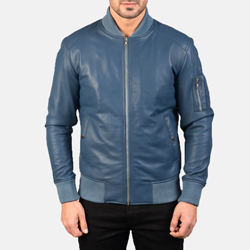 Customize Zipper Closer Genuine Cow Plain Leather Blue Jacket