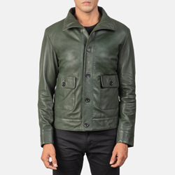 Customize Button Closer Genuine Cow Plain Leather Dark Green Jacket